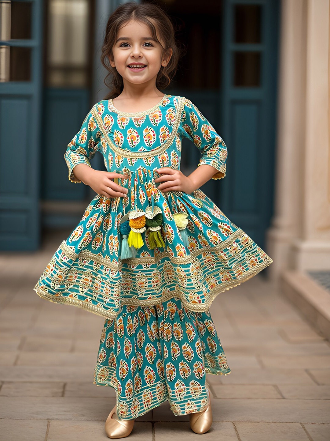 

A.T.U.N. Girls Floral Printed Regular Sleeves Gotta Patti Anarkali Kurta & Sharara, Turquoise blue