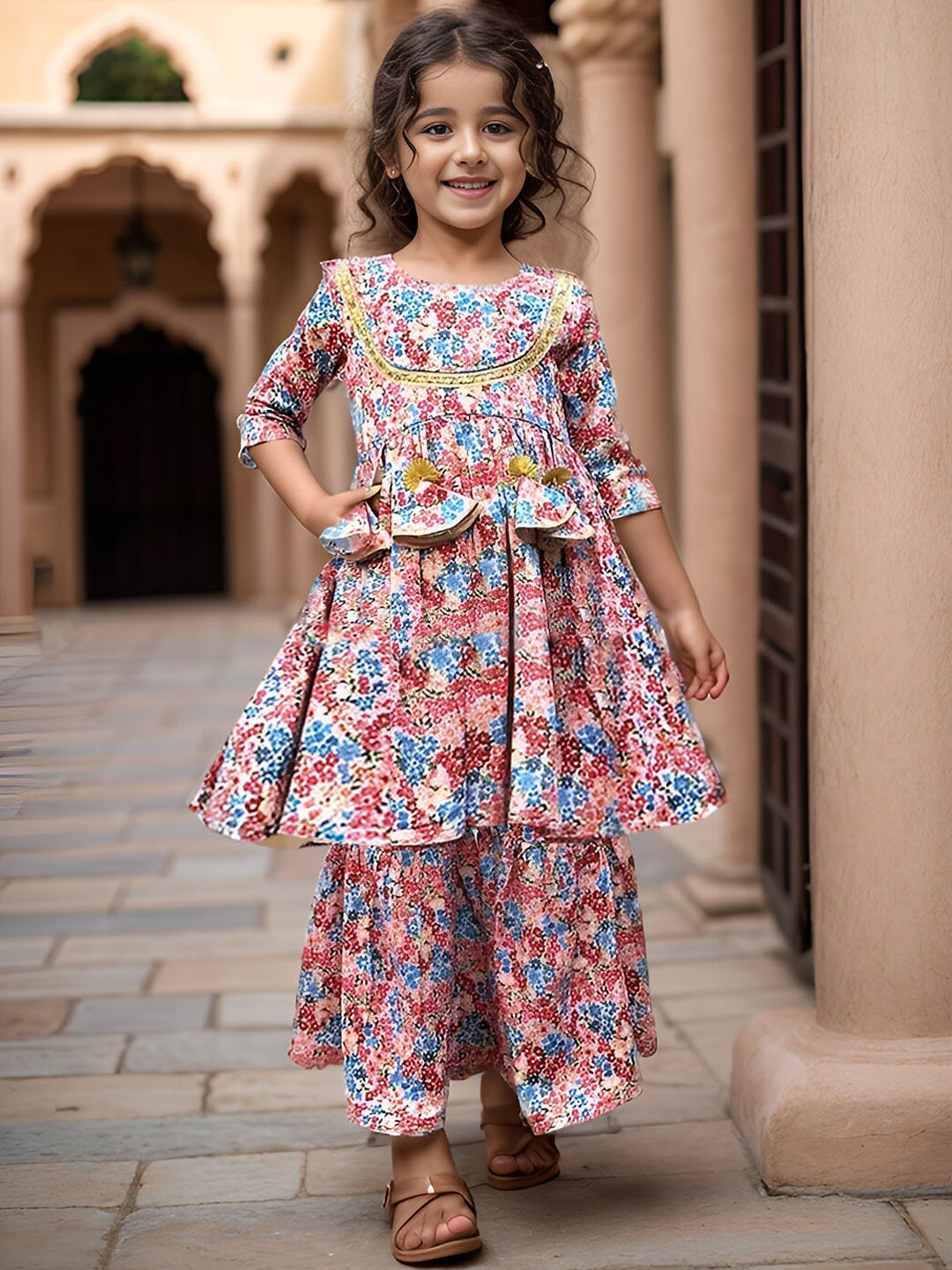 

A.T.U.N. Girls Floral Printed Regular Sleeves Anarkali Gotta Patti Kurta & Sharara, Lavender