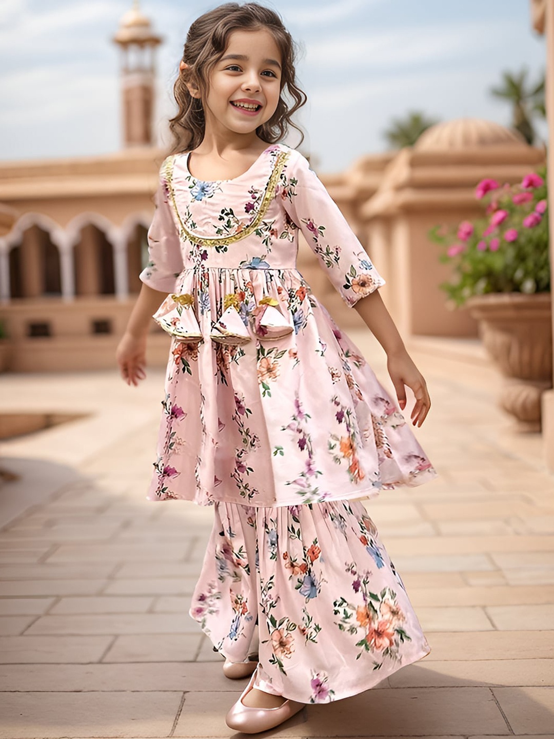 

A.T.U.N. Girls Floral Printed Regular Gotta Patti Kurta with Sharara, White