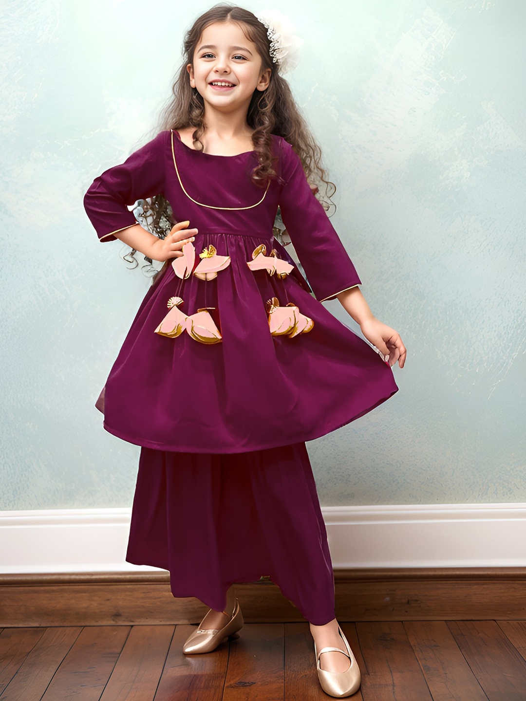 

A.T.U.N. Girls Regular Sleeves Anarkali Patchwork Kurta & Sharara, Purple