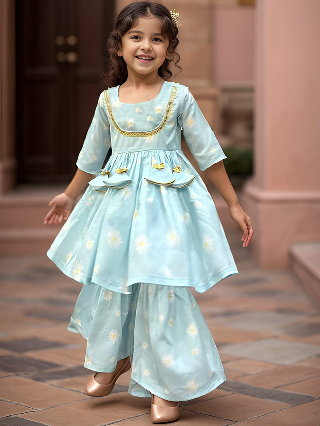 

A.T.U.N. Girls Floral Printed Regular Sleeves Anarkali Gotta Patti Kurta With Sharara, Blue