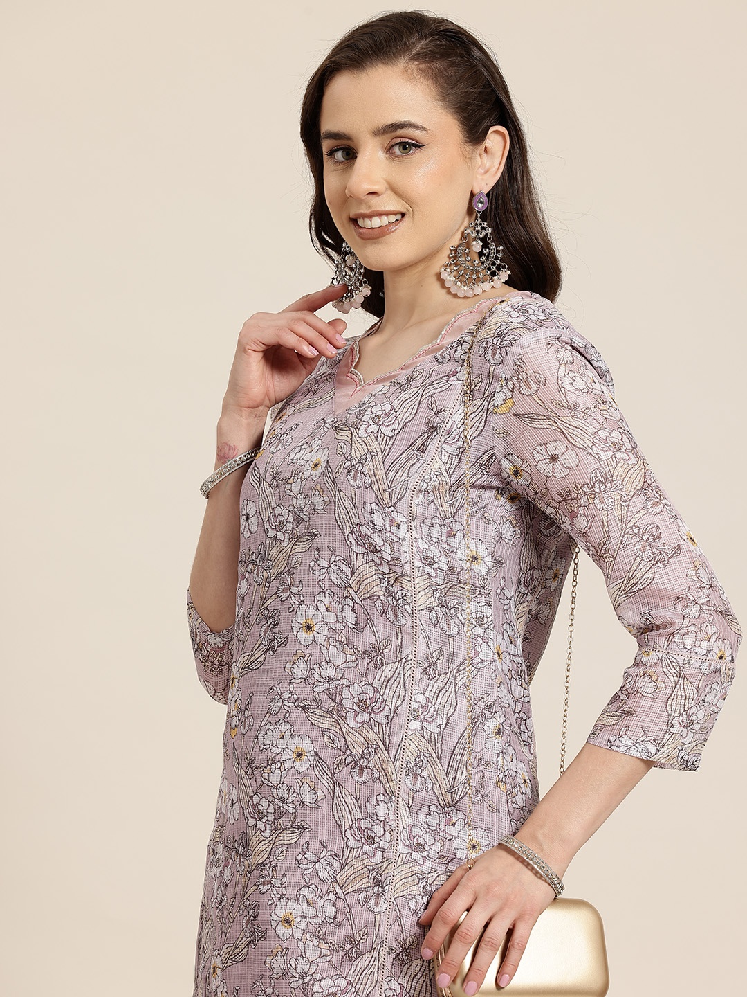 

HERE&NOW Floral Printed Sequinned Kurta With Trousers, Pink