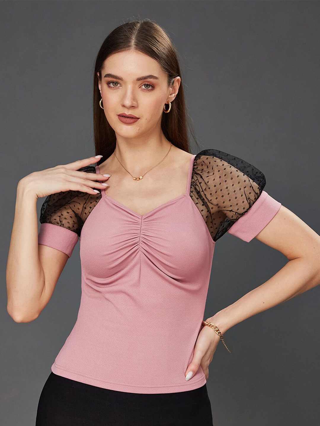 

Miss Chase Sweetheart Neck Puff Sleeve Georgette Top, Pink