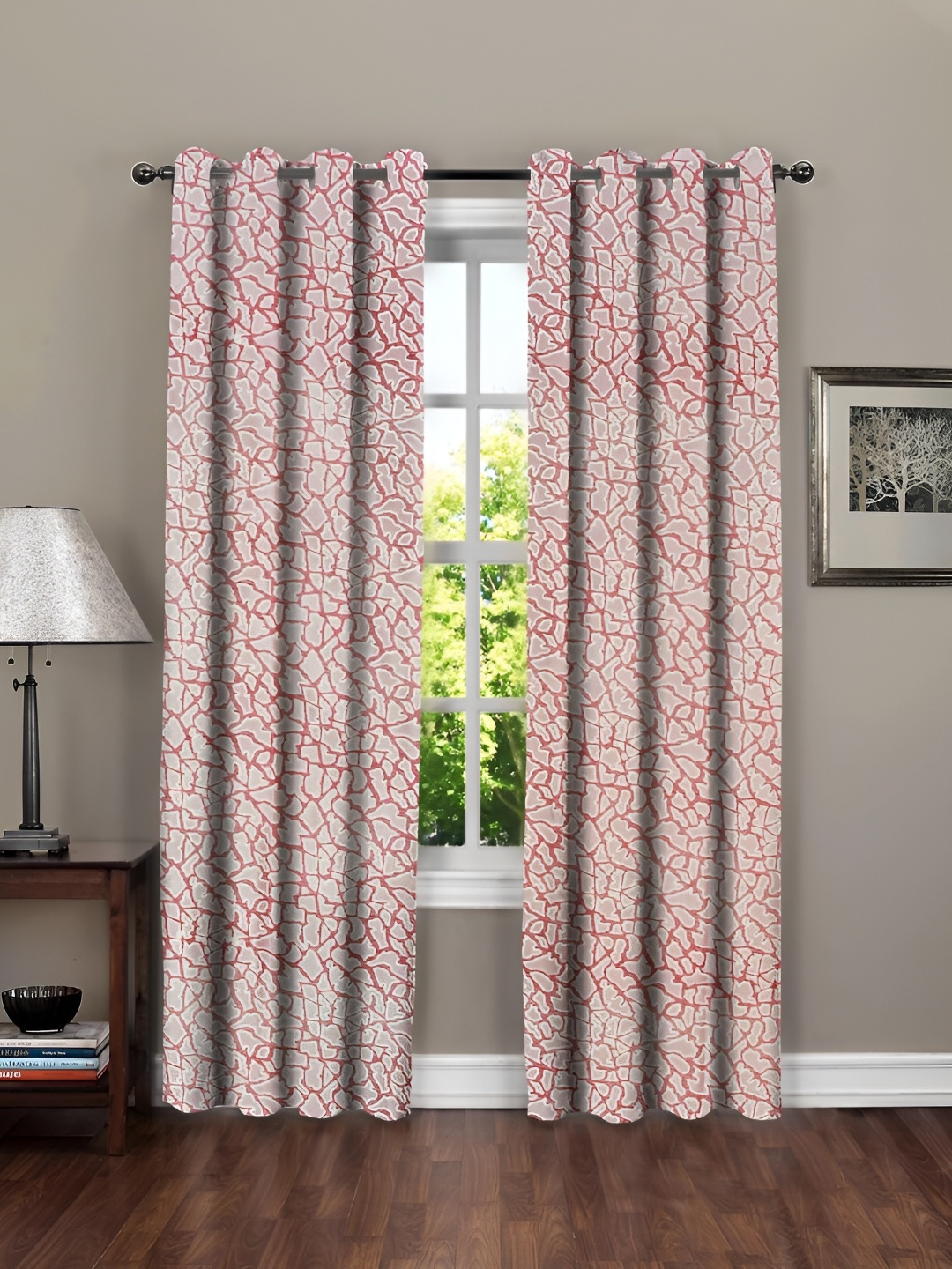 

RRC Pink & White 2 Pieces Abstract Printed Microfiber Cotton Room Darkening Door Curtains