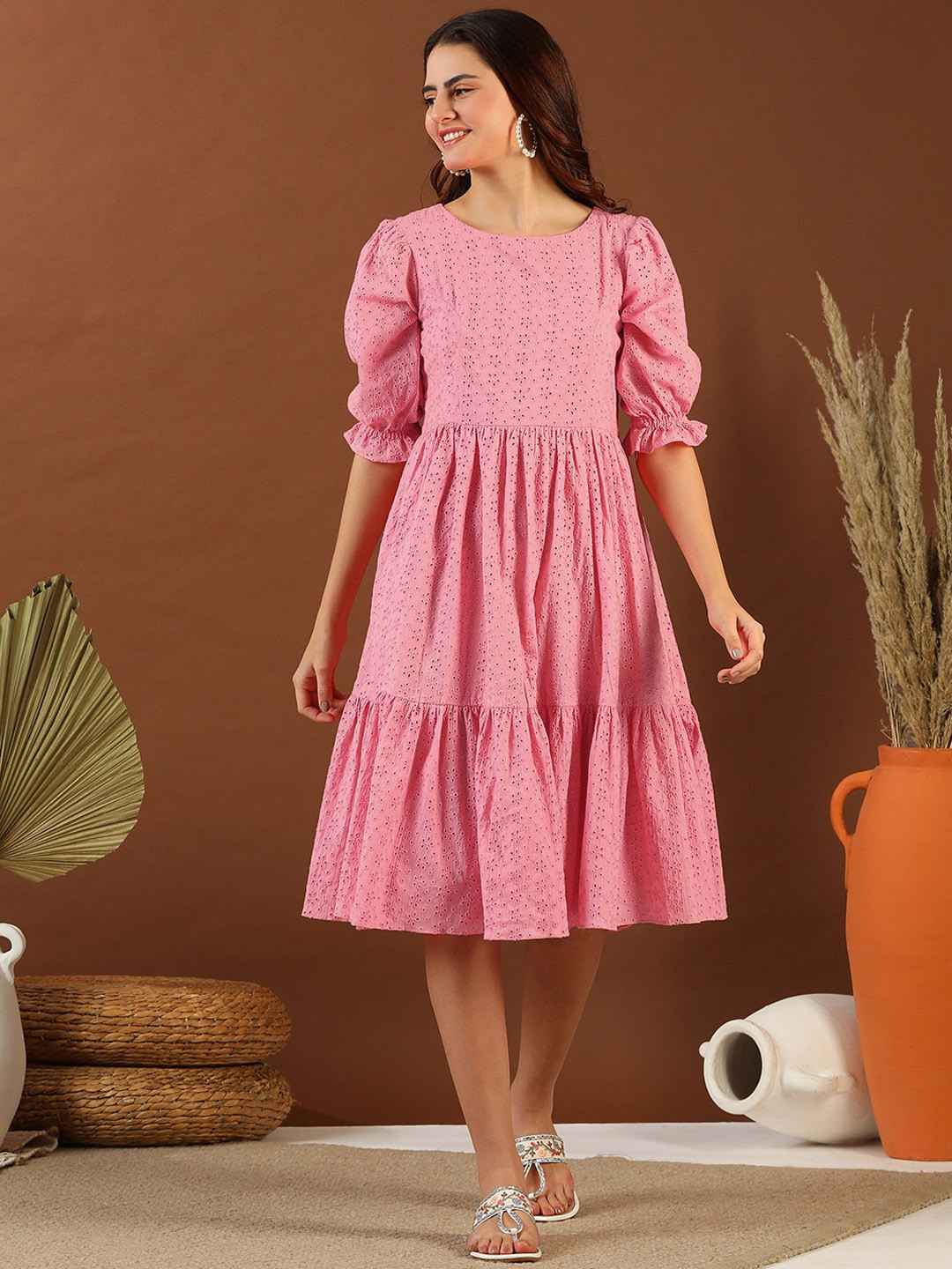 

Inddus Chikankari Embroidered Tiered Cotton Fit and Flare Midi Ethnic Dress, Pink