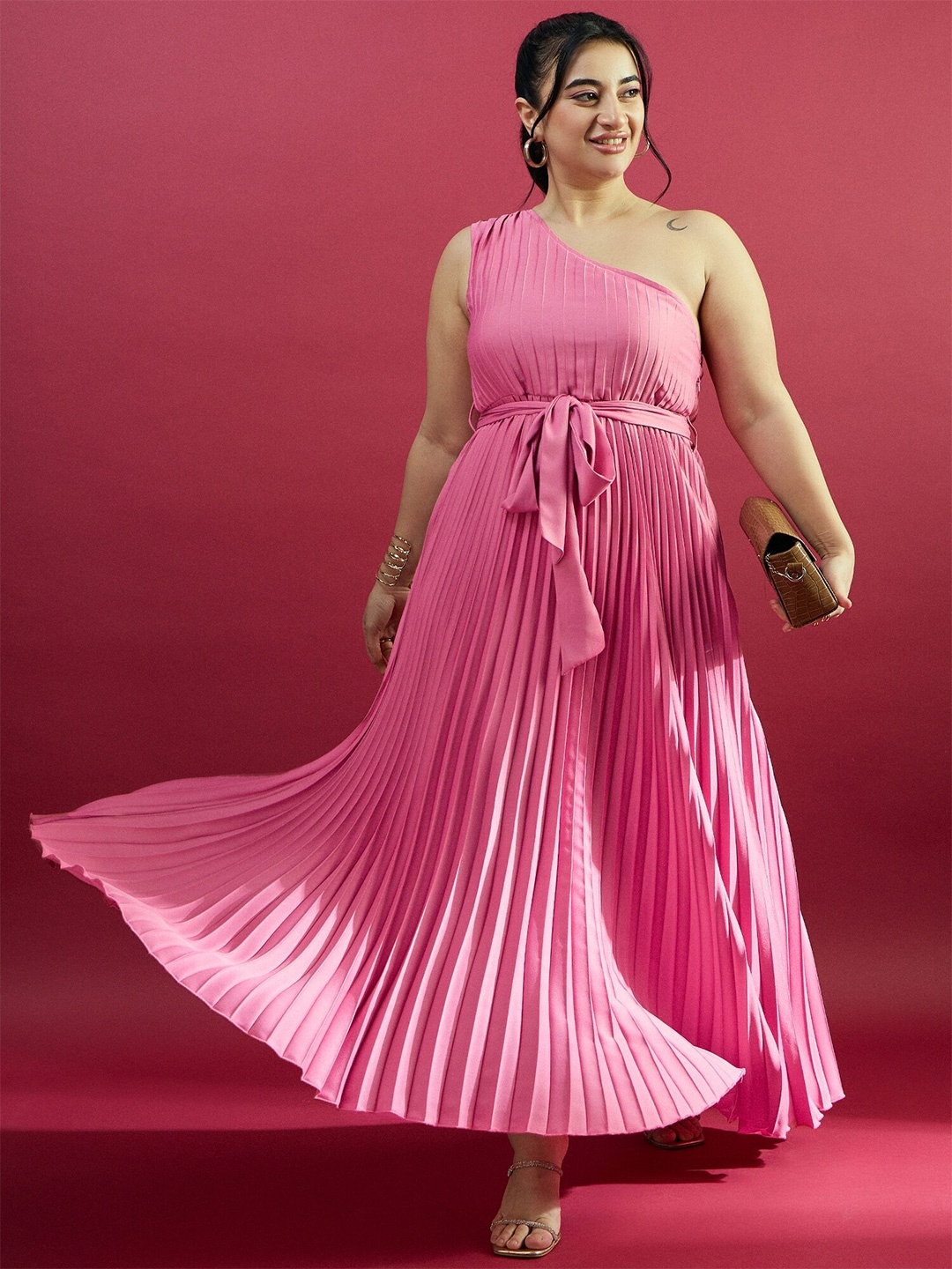 

CURVE BY KASSUALLY Plus Size Pink One Shoulder Accordion Pleated Maxi Dress