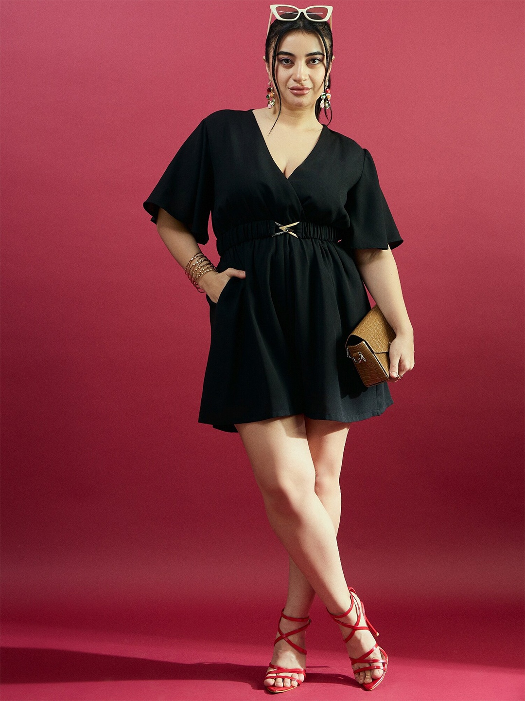 

CURVE BY KASSUALLY Plus Size V-Neck Flared Sleeves Playsuit, Black