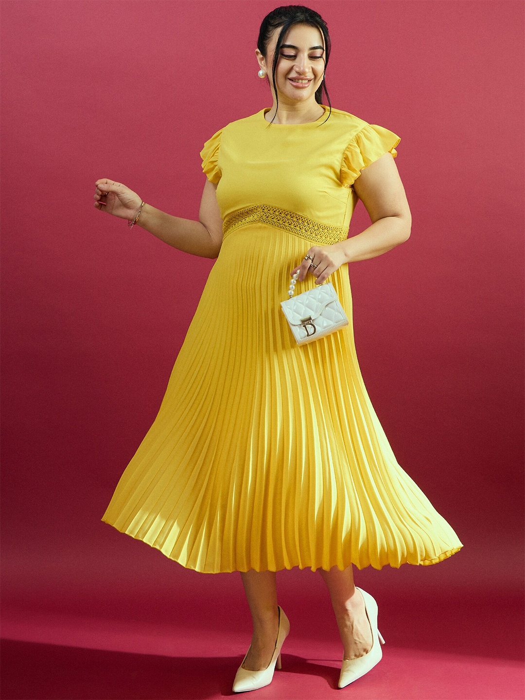 

CURVE BY KASSUALLY Plus Size Yellow Flutter Sleeve Fit & Flare Midi Dress