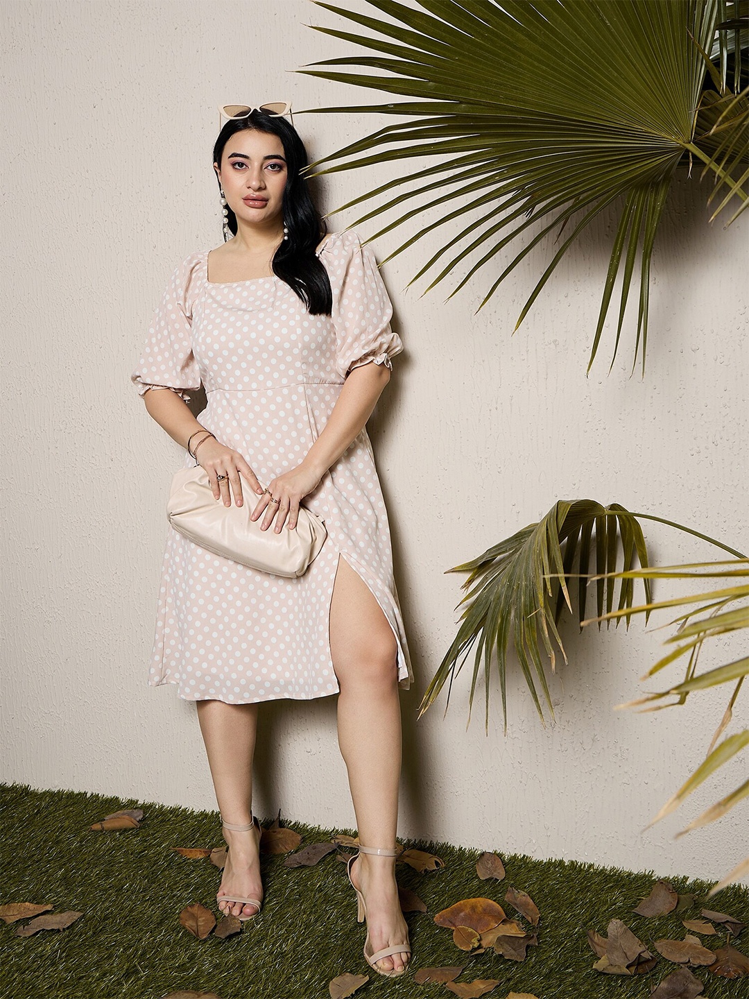 

CURVE BY KASSUALLY Plus Size Beige Polka Dot Print Puff Sleeves Crepe A-Line Dress