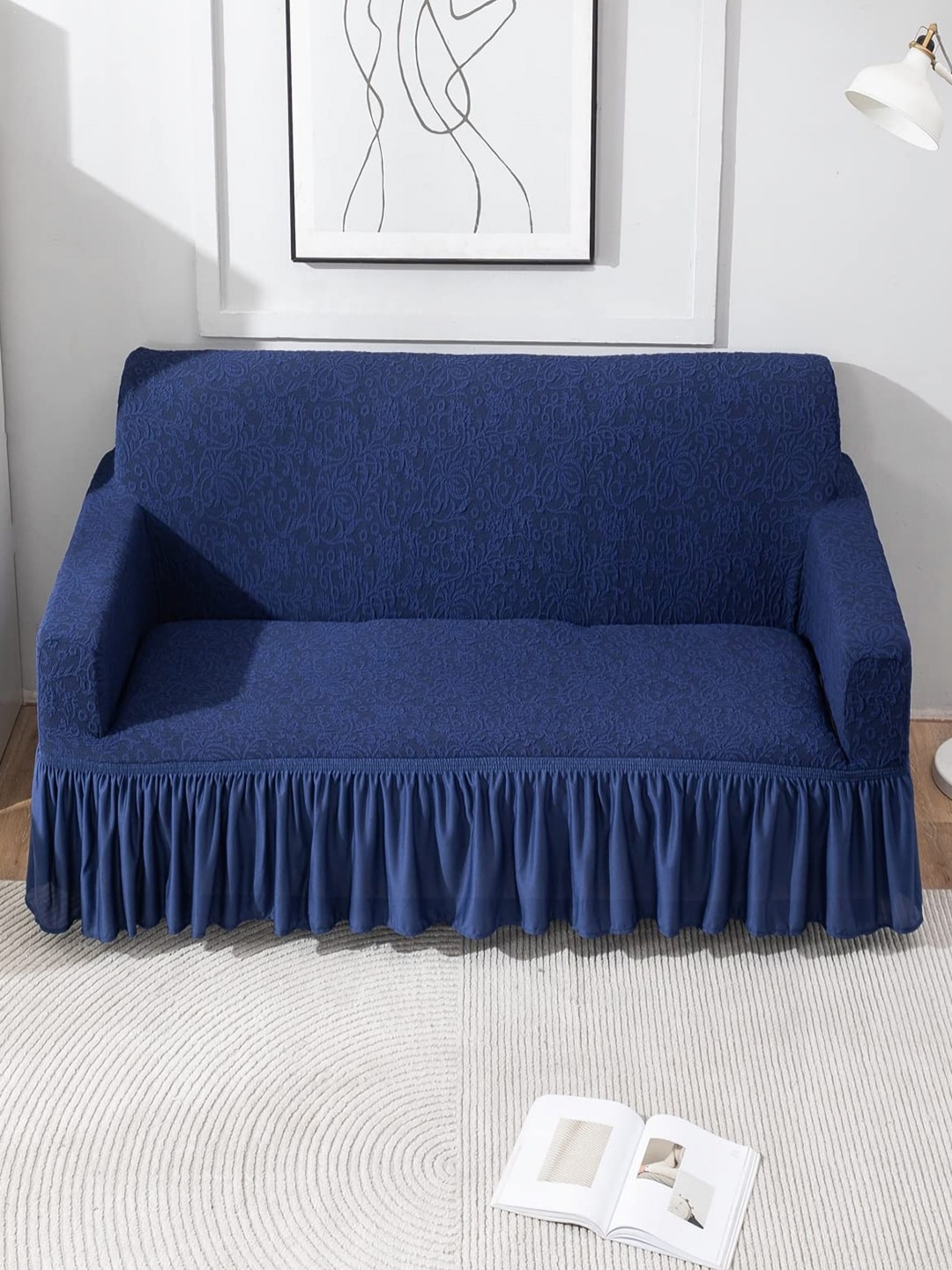 

HOKIPO Navy Blue Solid Polyester 2 Piece Sofa Cover With Arms