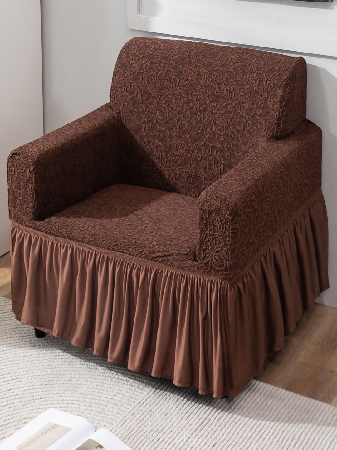 

HOKIPO Brown Floral Printed Elastic Stretchable 1 Seater Sofa Cover With Arms