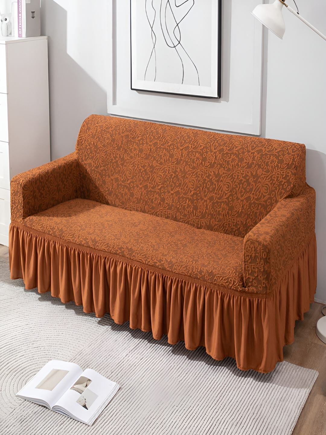 

HOKIPO Brown Self Design Stretchable 3 Seater Sofa Cover With Arms