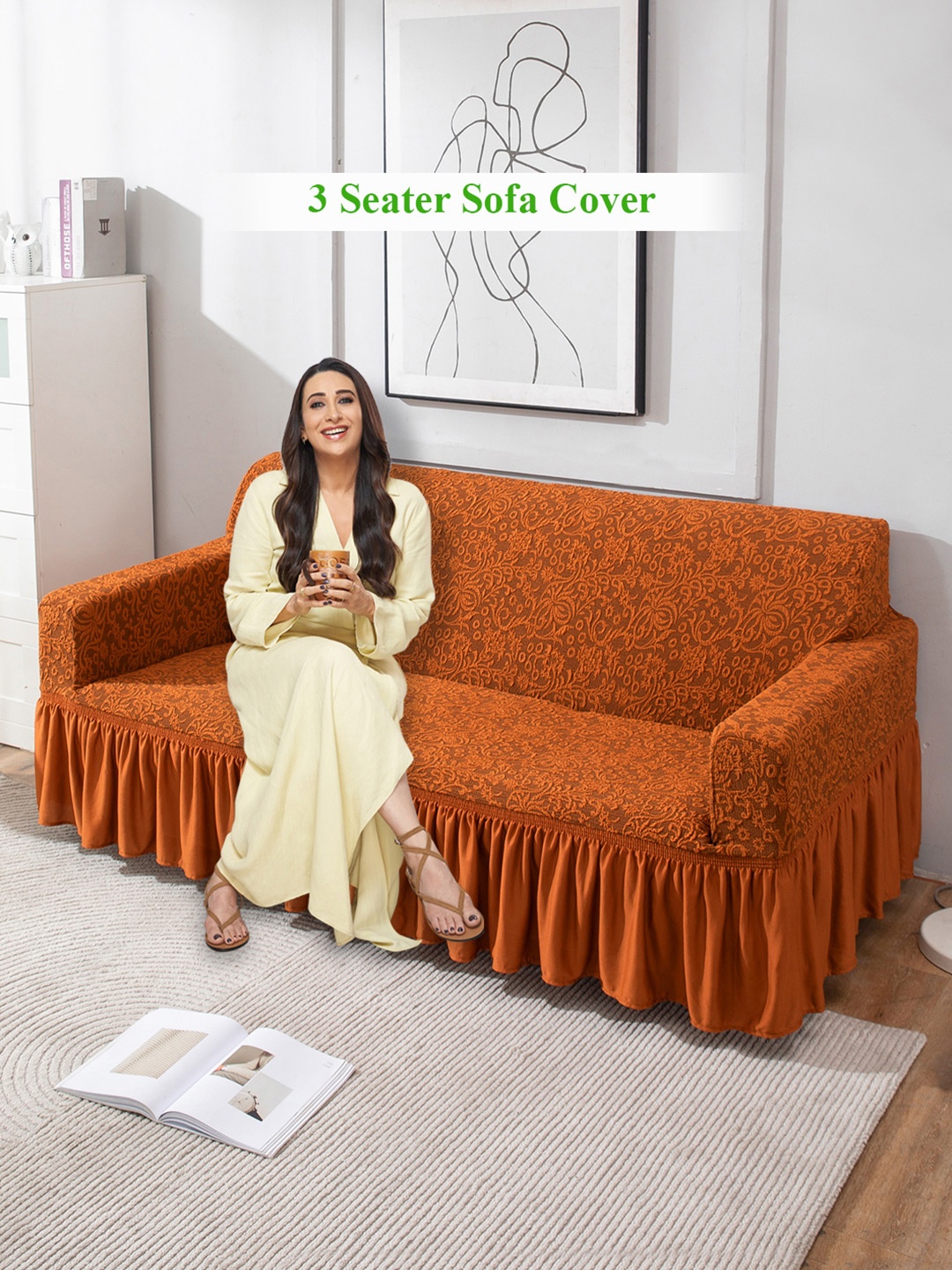 

HOKIPO Brown Polyester Stretchable 3 Seater Frilled Sofa Cover With Arms