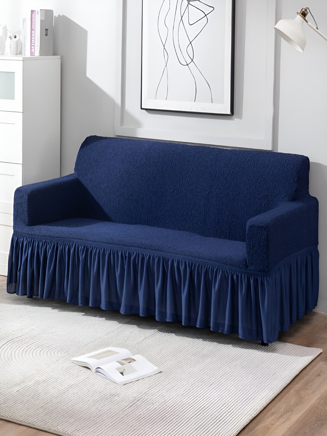 

HOKIPO Navy Blue Self Design Stretchable 3 Seater Sofa Cover With Arms