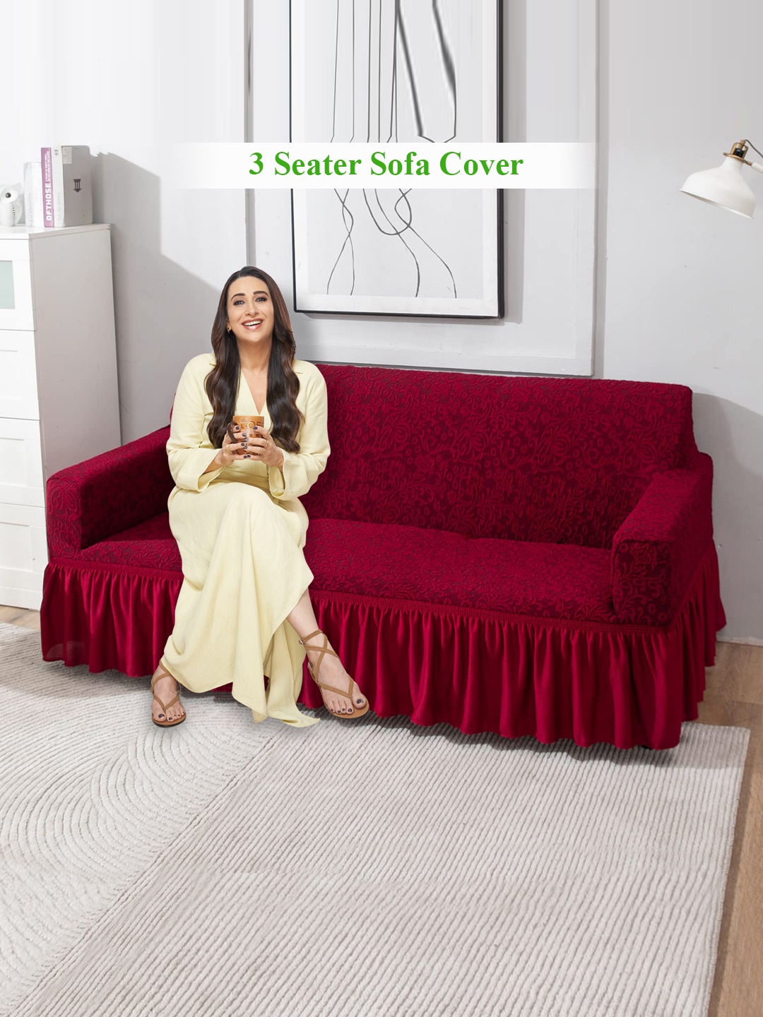 

HOKIPO Red Solid Elastic Stretchable Sofa Frill Cover for 3 Seater
