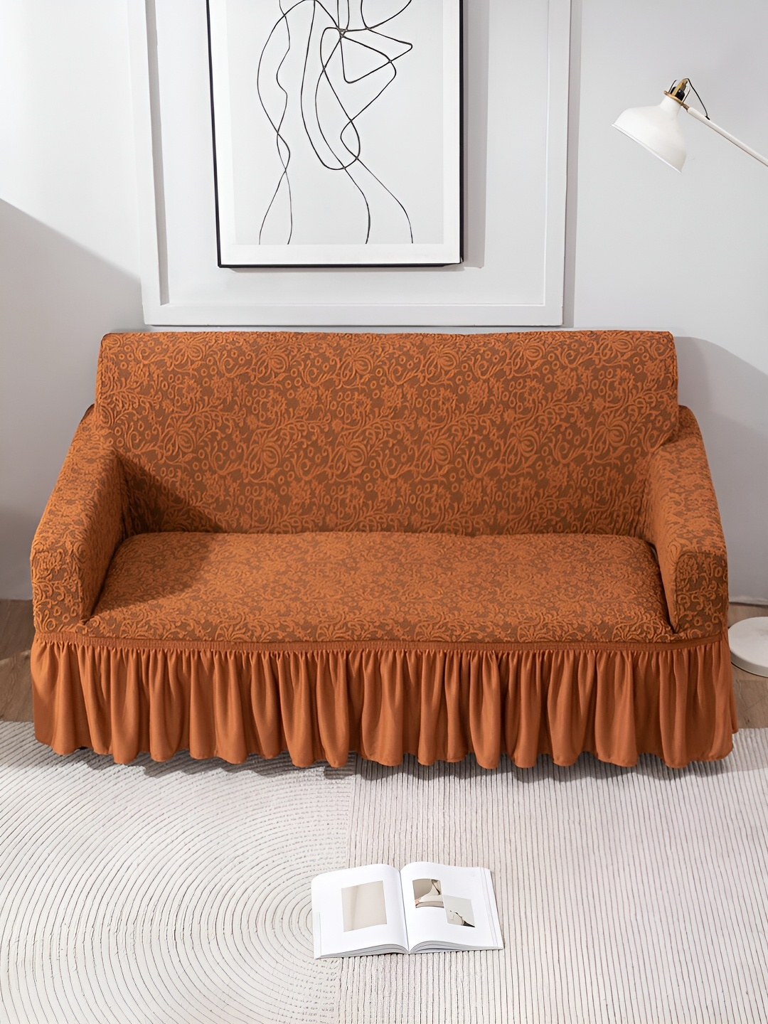 

HOKIPO Brown Self Design Stretchable 2 Seater Sofa Cover With Arms