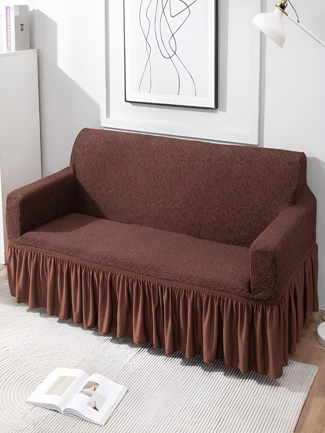 

HOKIPO Brown Self Design Stretchable 3 Seater Sofa Cover With Arms