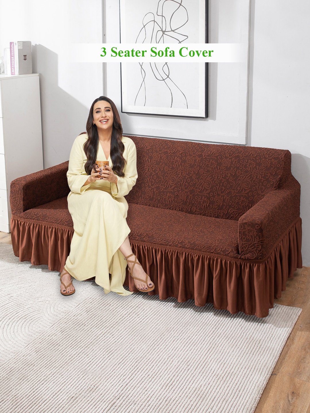 

HOKIPO Brown Self Design Stretchable 3 Seater Sofa Cover With Arms