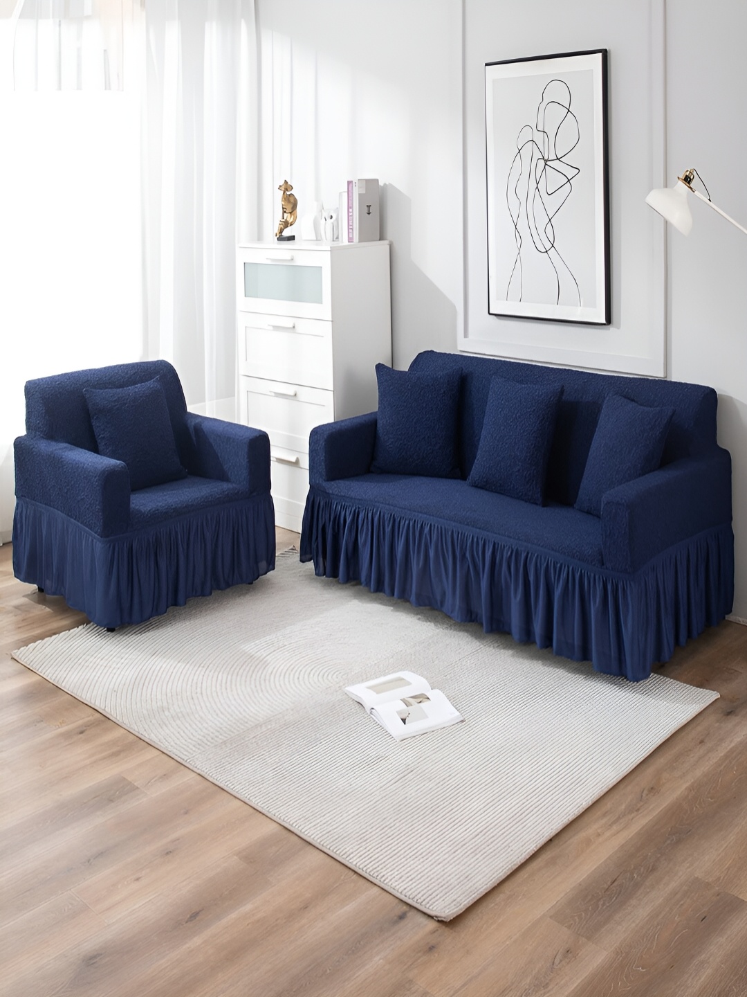 

HOKIPO Navy Blue Self Design Stretchable Sofa Cover With Arms
