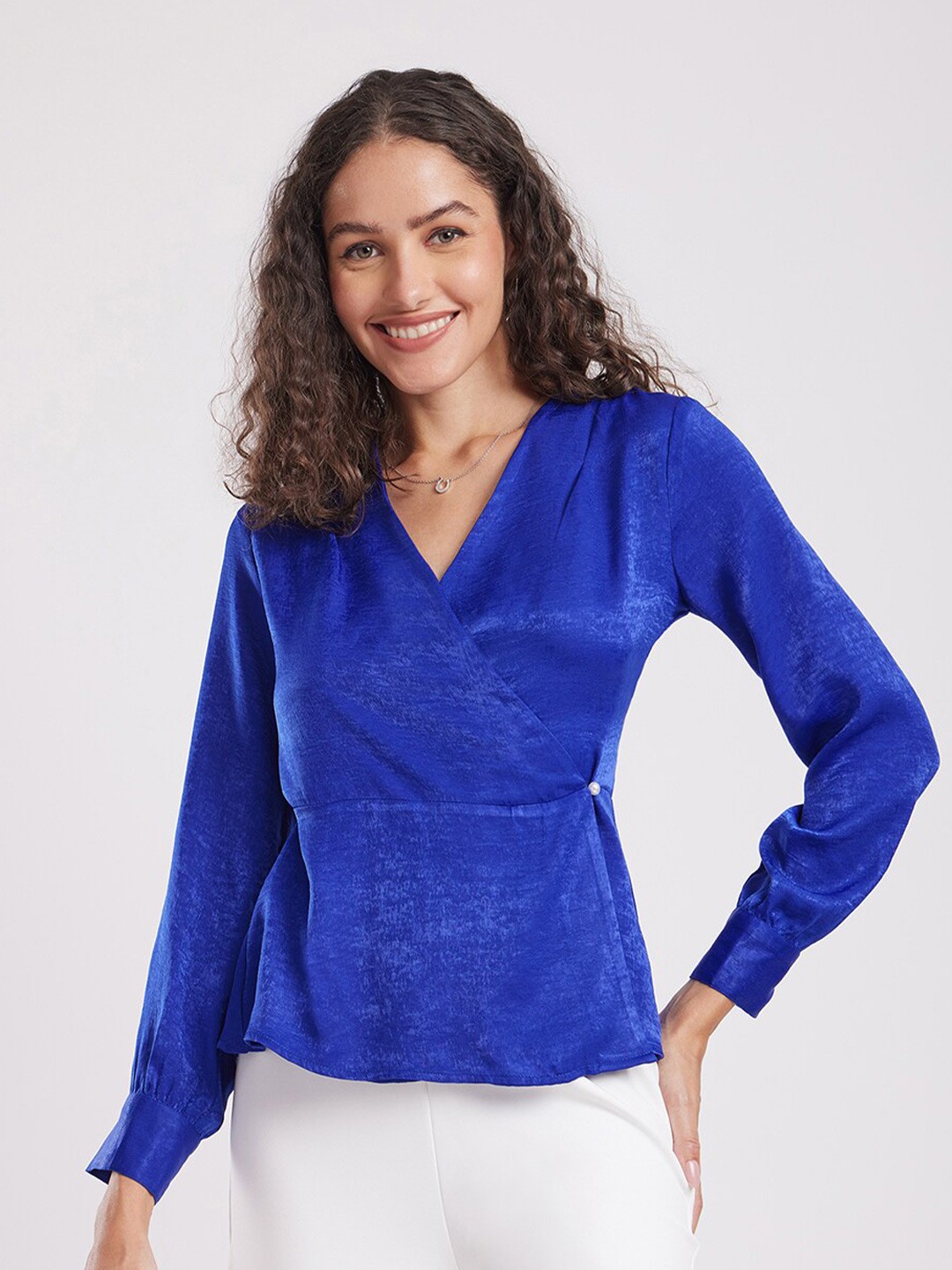 

FableStreet Long Sleeves V-Neck Satin Wrap Top, Blue