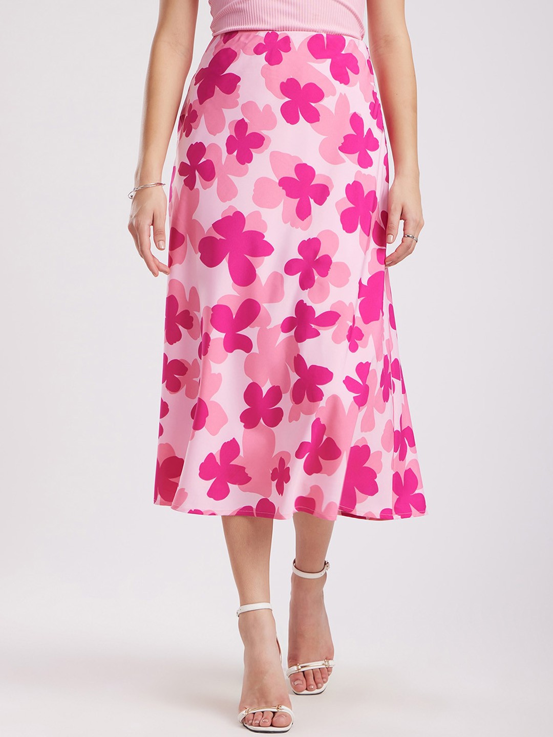 

FableStreet Floral Printed Flared A-Line Midi Skirt, Pink