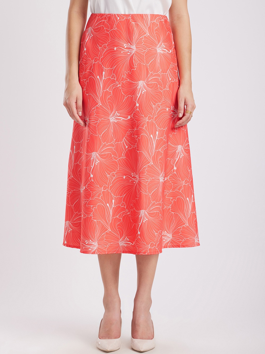 

FableStreet Abstract Printed A-Line Midi Skirt, Coral