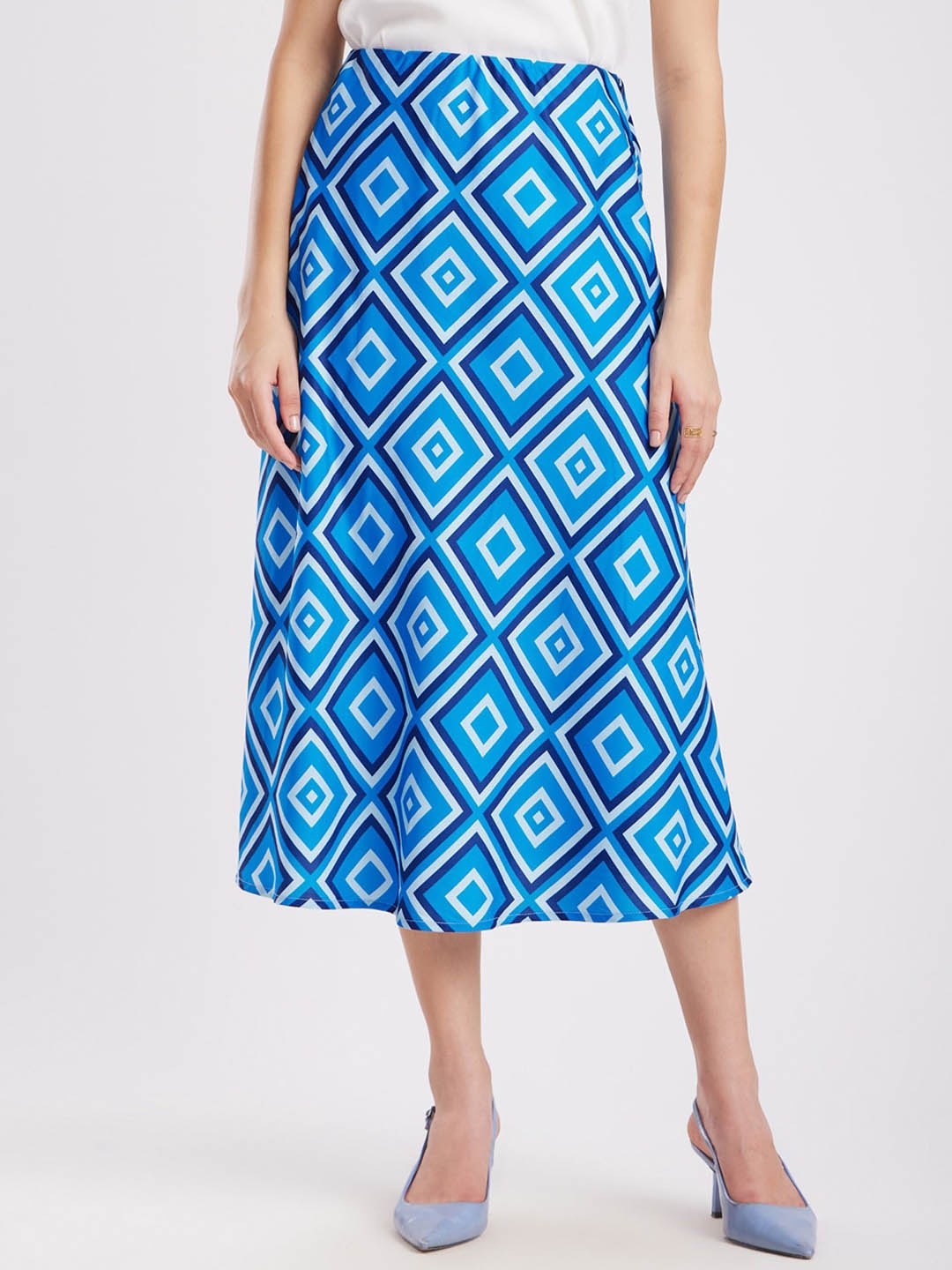 

FableStreet Geometric Printed A-Line Midi Skirt, Blue
