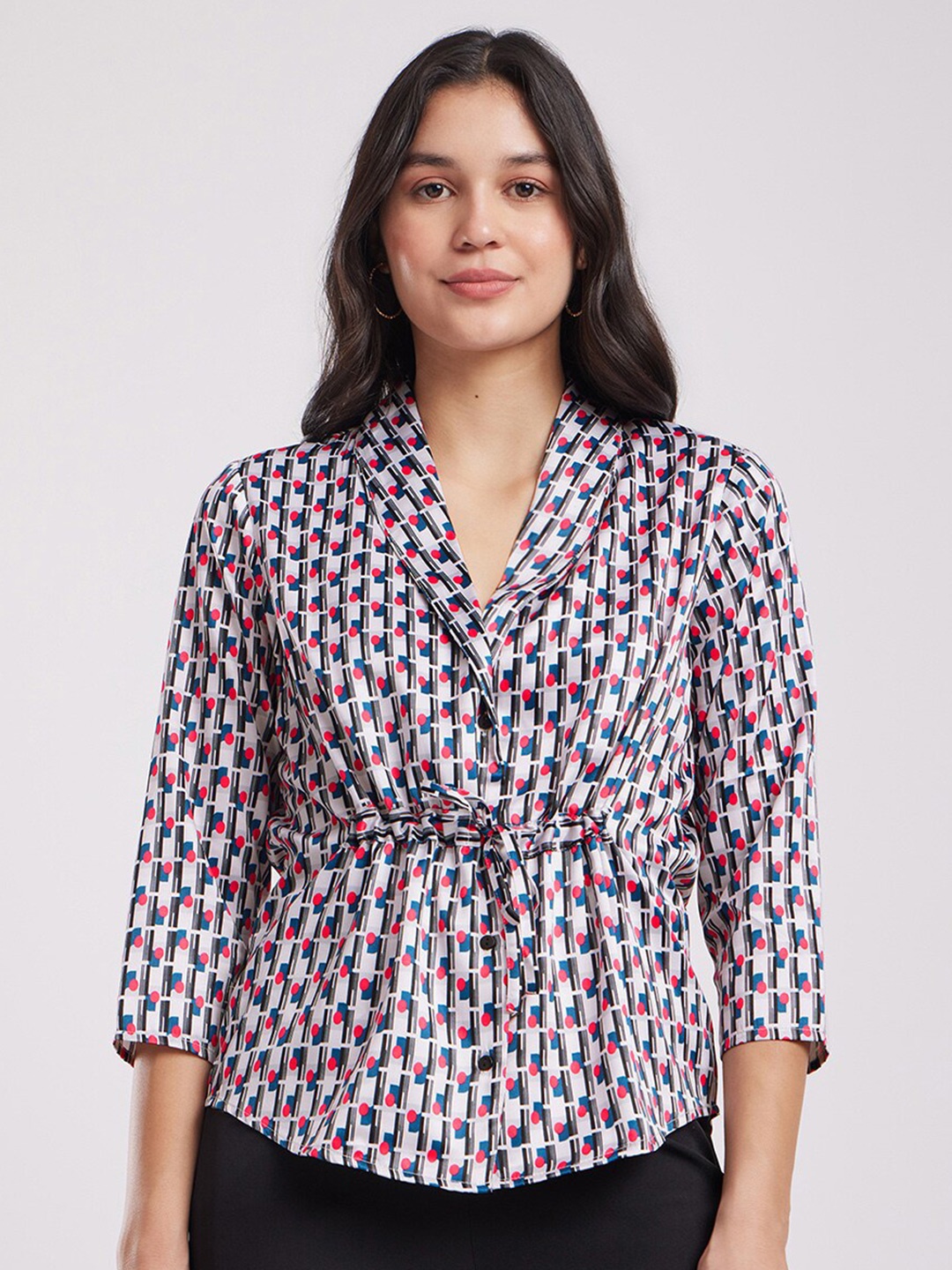 

FableStreet Geometric Print Mandarin Collar Satin Cinched Waist Top, White