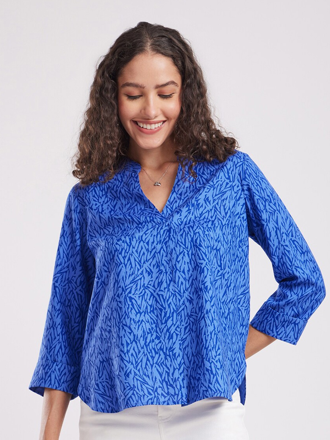 

FableStreet Floral Print Mandarin Collar Top, Blue