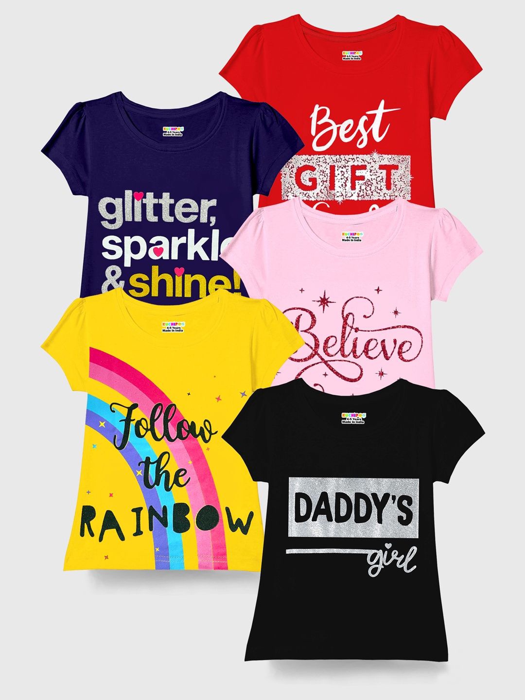 

KUCHIPOO Girls Pack Of 5 Typography Printed Cotton T-shirts, Yellow