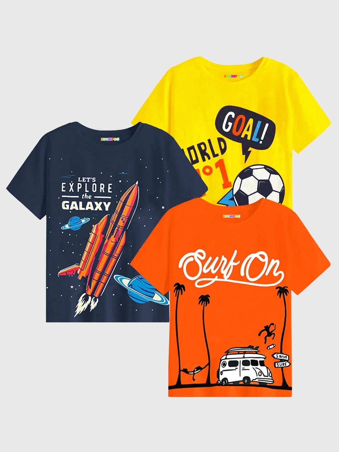 

KUCHIPOO Kids Pack Of 3 Graphic Printed T-shirts, Orange