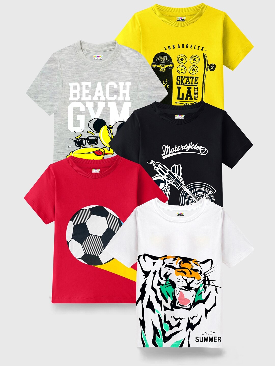 

KUCHIPOO Pack Of 5 Kids Graphic Printed Round Neck T-shirts, Yellow