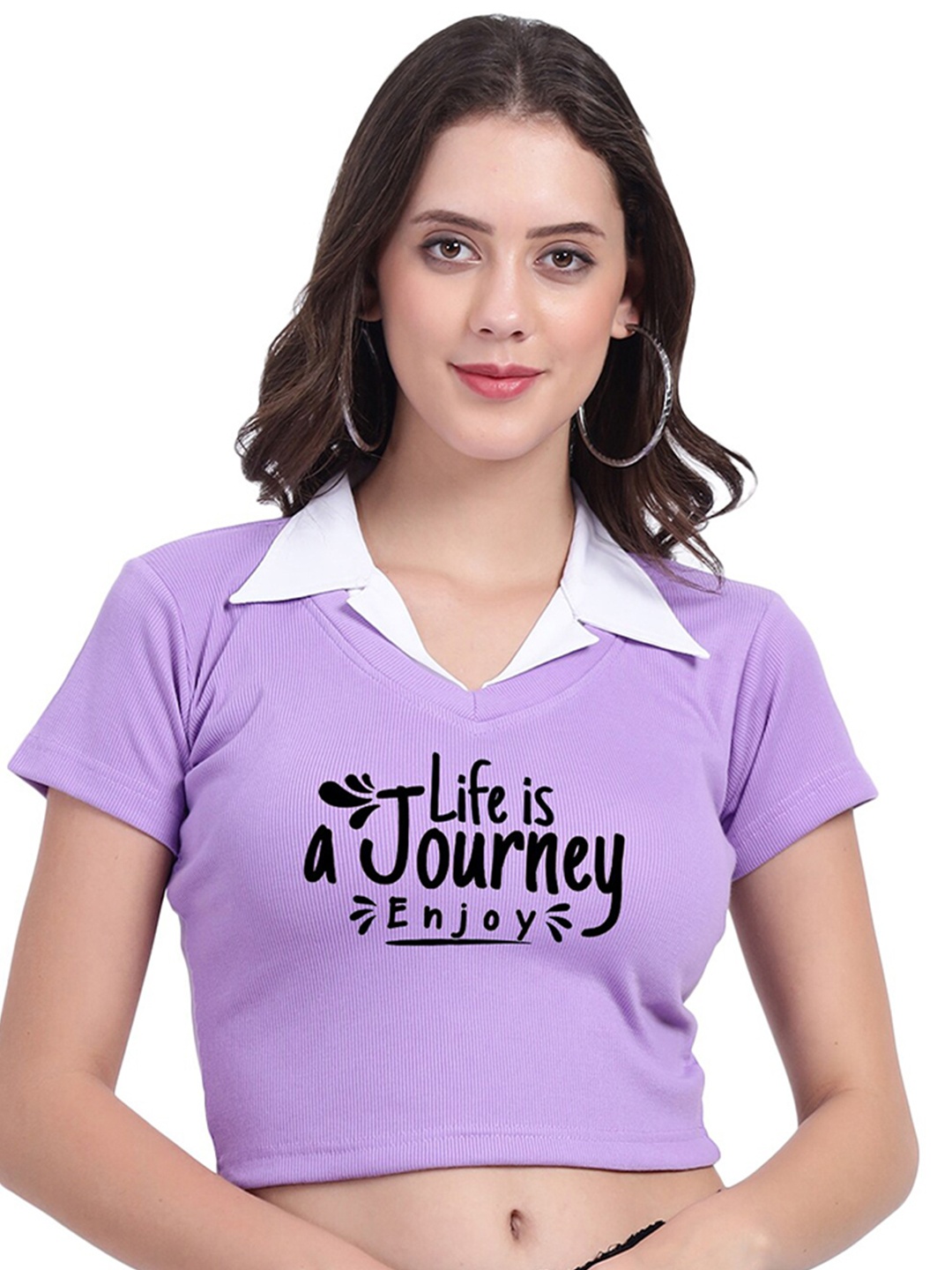 

TABADTOD Typography Printed Shirt Collar Ribbed Crop Top, Lavender