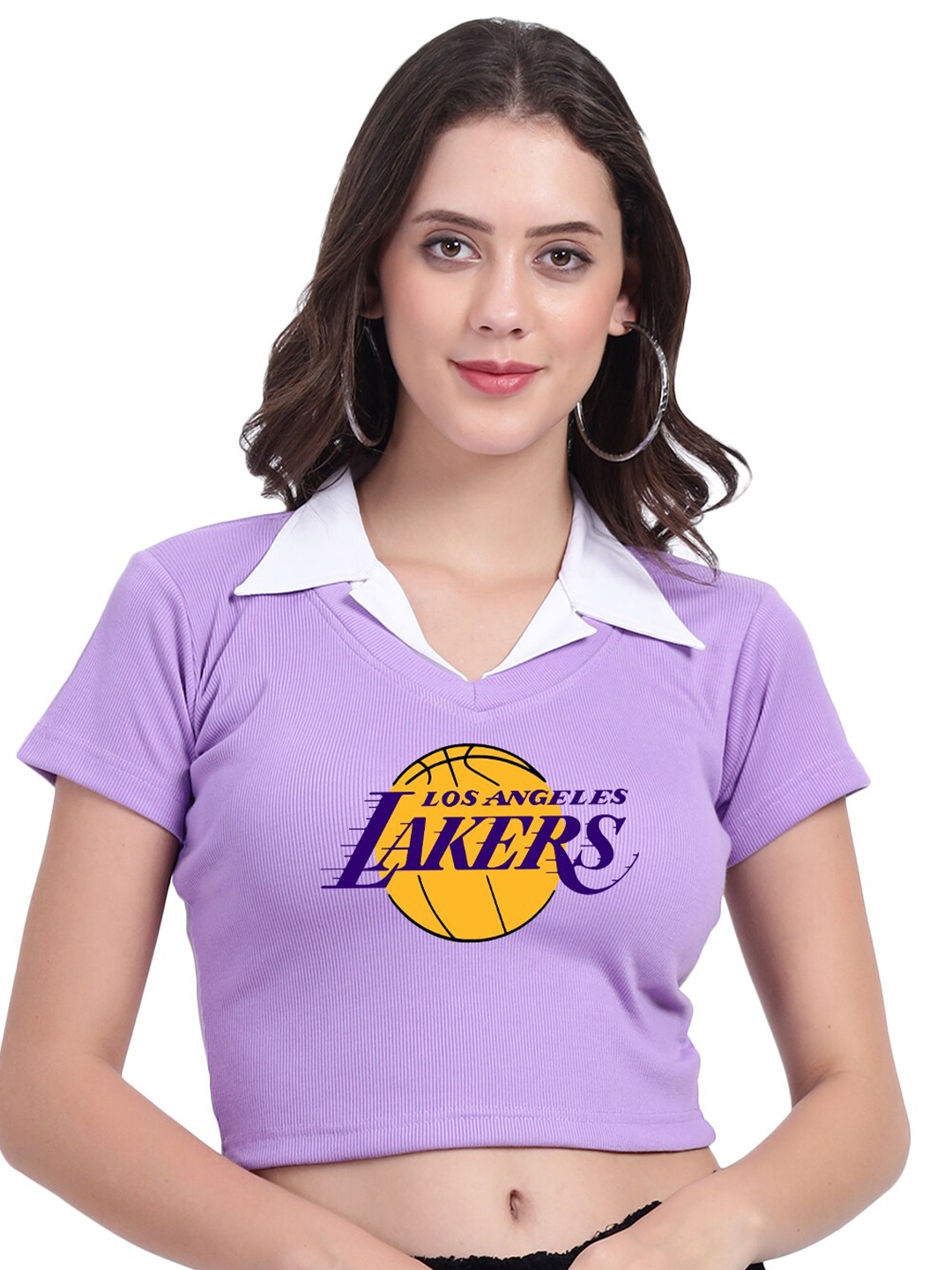 

TABADTOD Typography Printed Crop Top With Collar, Lavender