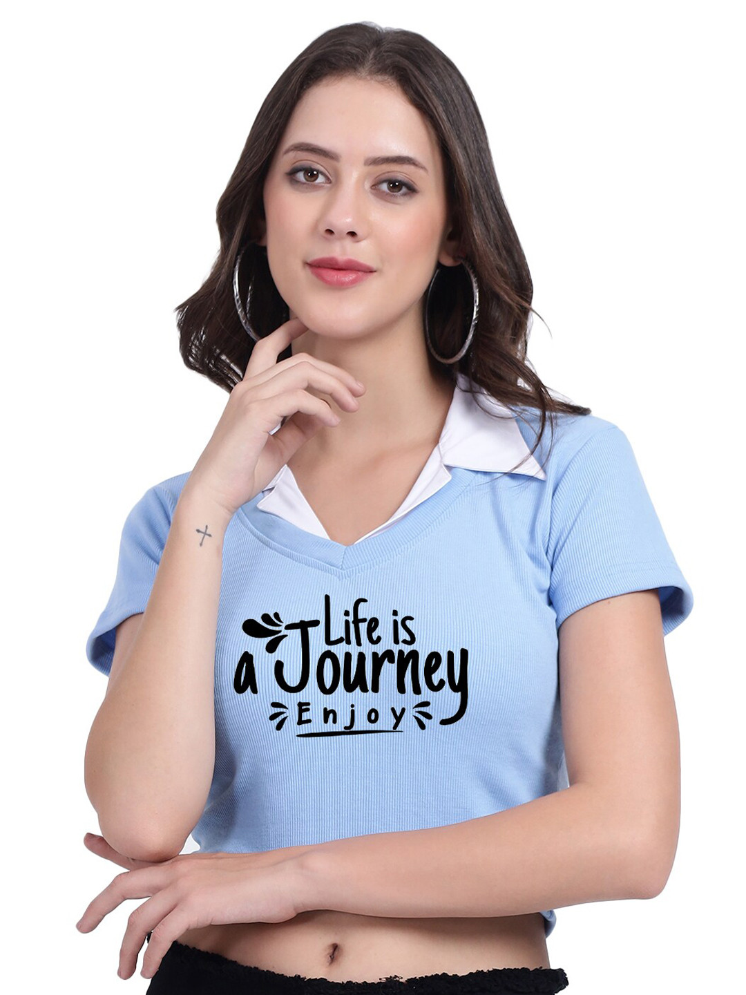 

TABADTOD Typography Printed Shirt Collar Ribbed Crop Top, Blue
