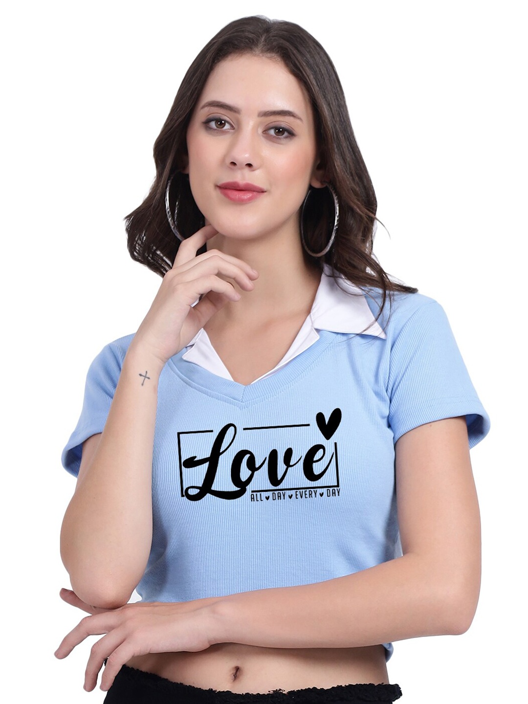 

TABADTOD Shirt Collar Printed Crop Top, Blue