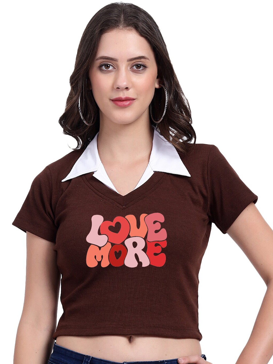 

TABADTOD Shirt Collar Short Sleeves Typographic Printed Crop Top, Brown