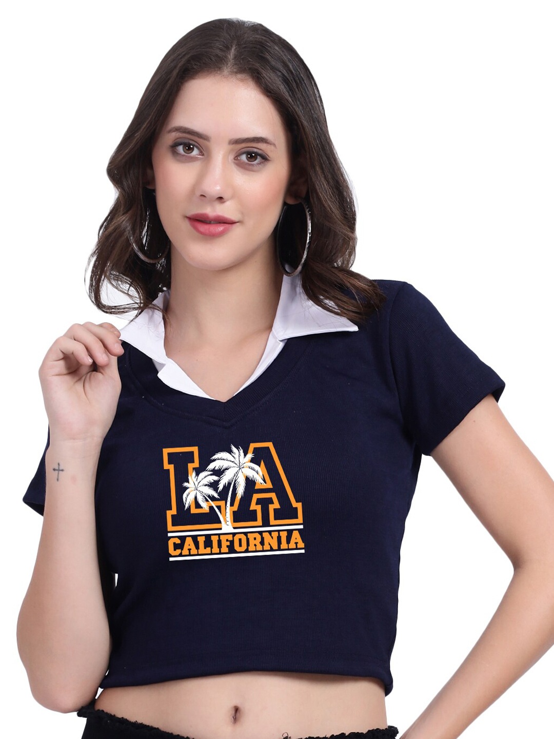 

TABADTOD Typography Printed Shirt Collar Ribbed Crop Top, Navy blue