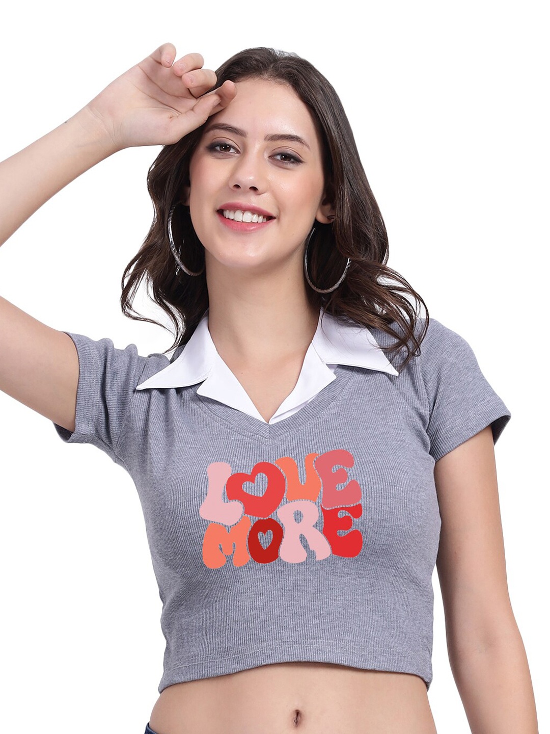 

TABADTOD Typography Printed Crop Top With Collar, Grey