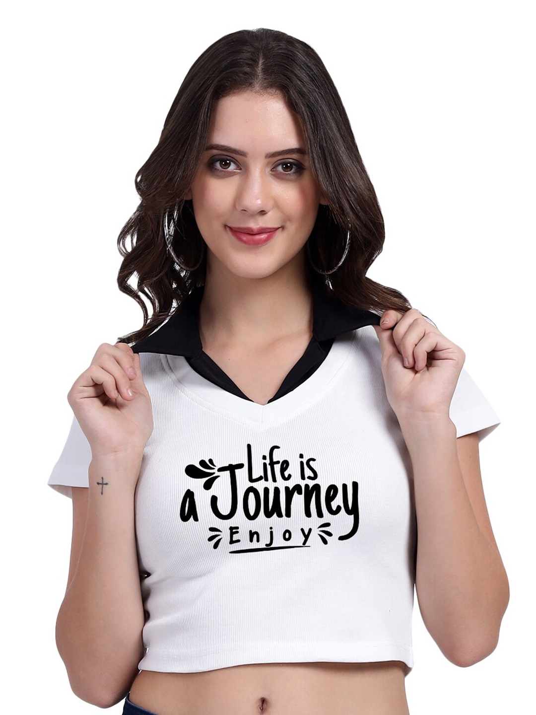 

TABADTOD Shirt Collar Printed Top, White