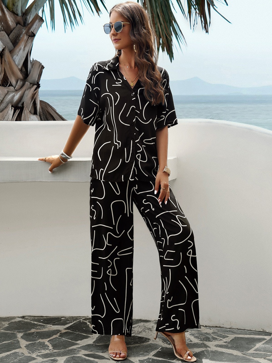 

Mast & Harbour Abstract Printed Shirt With Trousers Co-Ords, Black