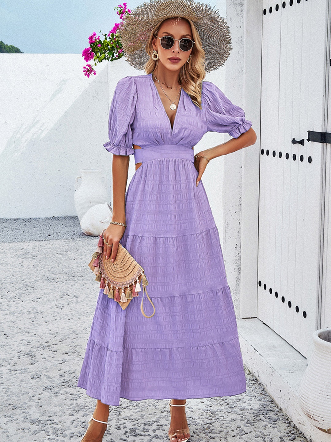 

Mast & Harbour Purple Self Design Puff Sleeves Maxi Dress