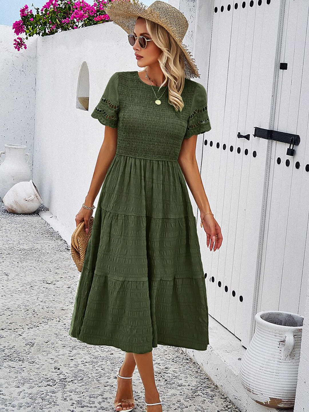 

Mast & Harbour Self Design Layered Fit & Flare Midi Dress, Green