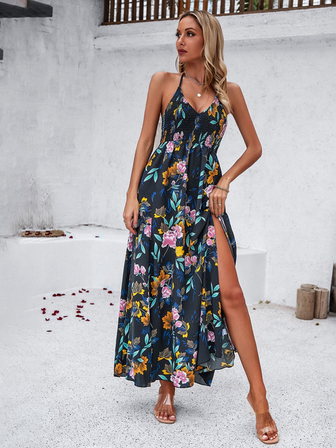 

Mast & Harbour Black Floral Print Halter Neck Maxi Dress