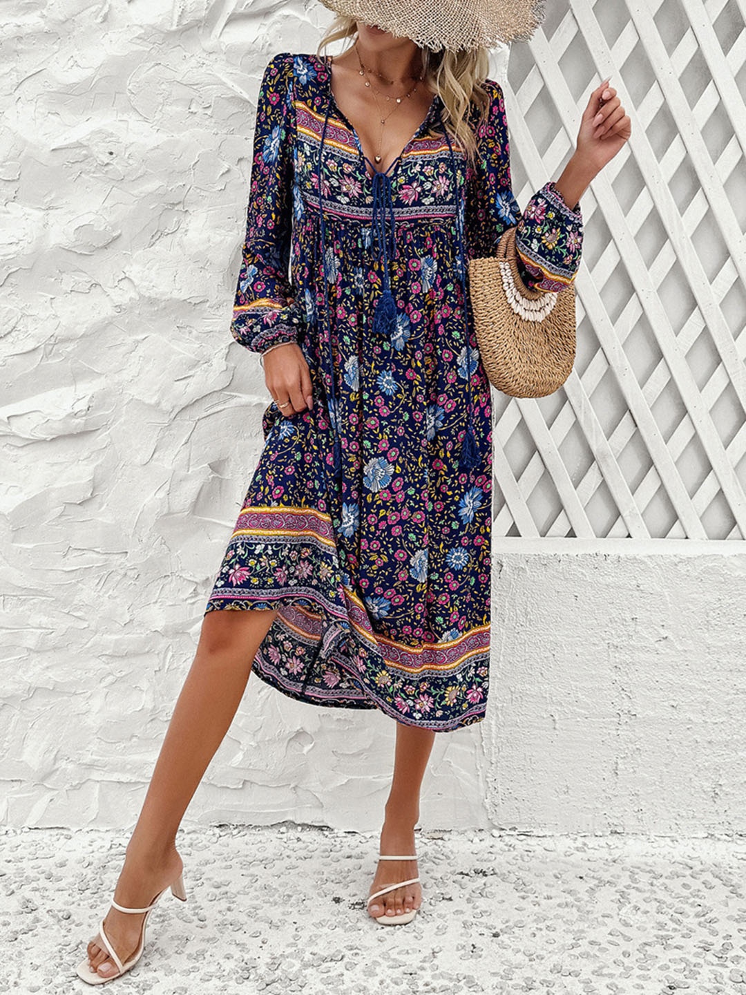 

Mast & Harbour Ethnic Motifs Printed A-Line Dress, Navy blue