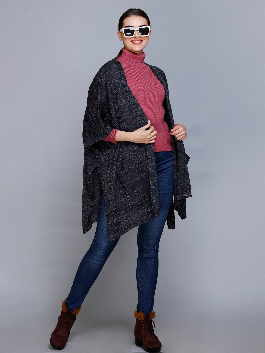

513 Self Design Acrylic Open Front Kimono Shrug, Charcoal