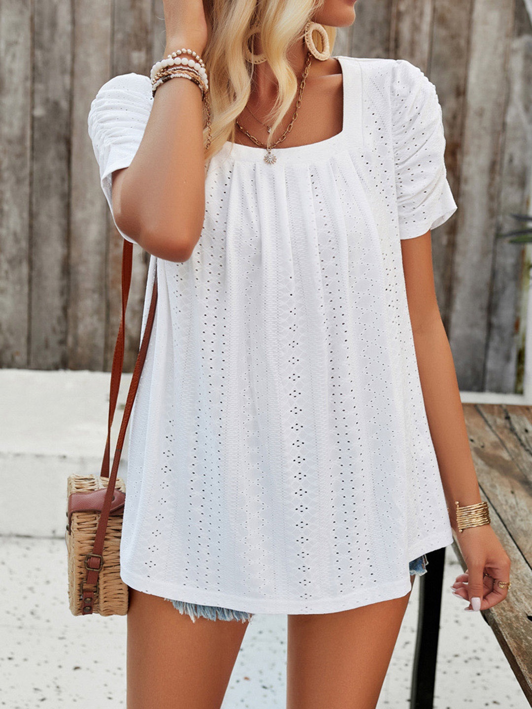 

Mast & Harbour White Self Design Square Neck Puff Sleeve Top