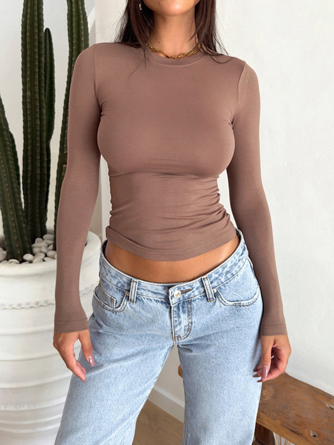 

Mast & Harbour Coffee Brown Round Neck Long Sleeves Fitted Top