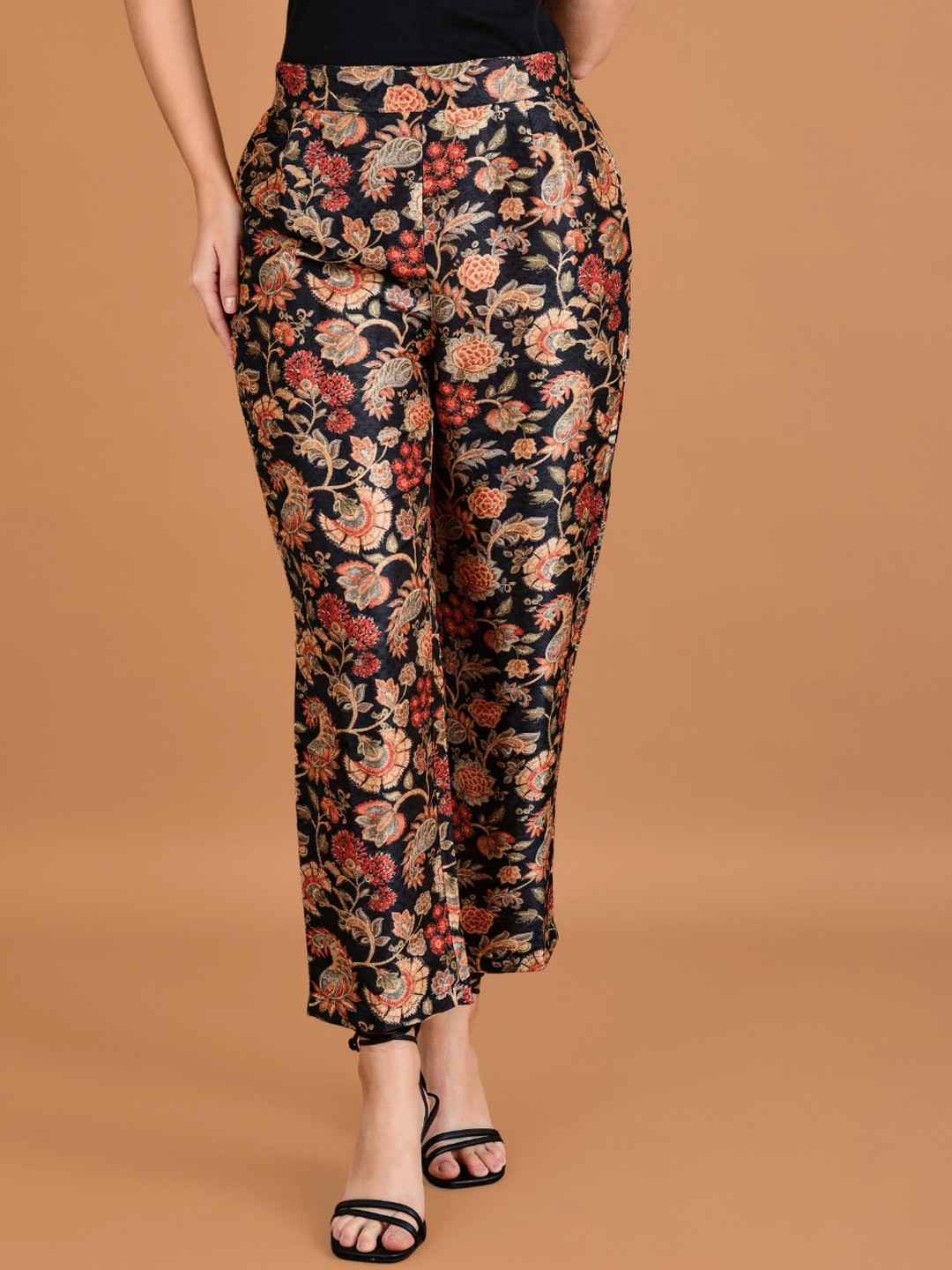 

Boholyfe Women Floral Printed Mid-Rise Silk Parallel Trousers, Black