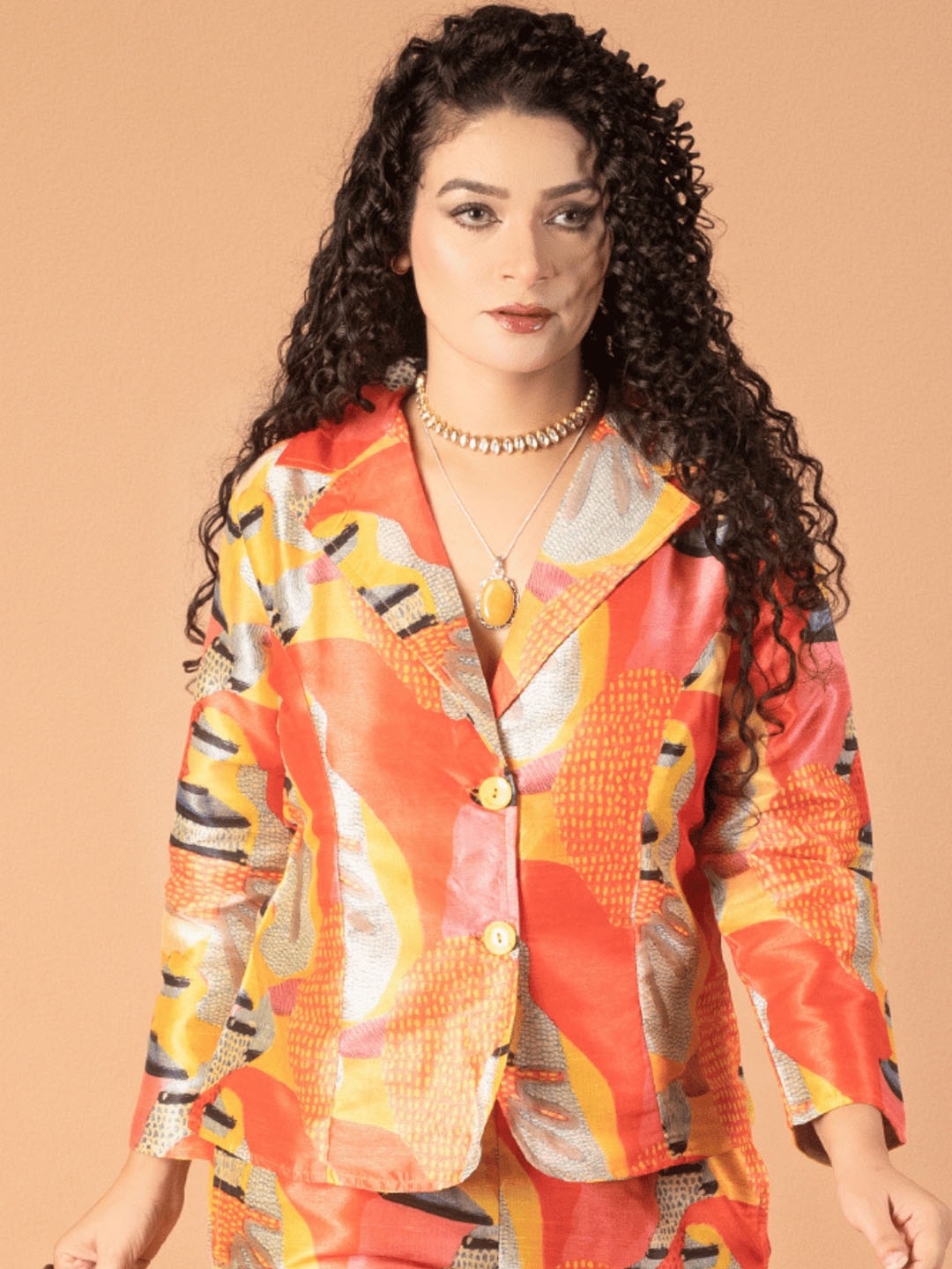 

Boholyfe Women Abstract Printed Single-Breasted Blazer, Orange